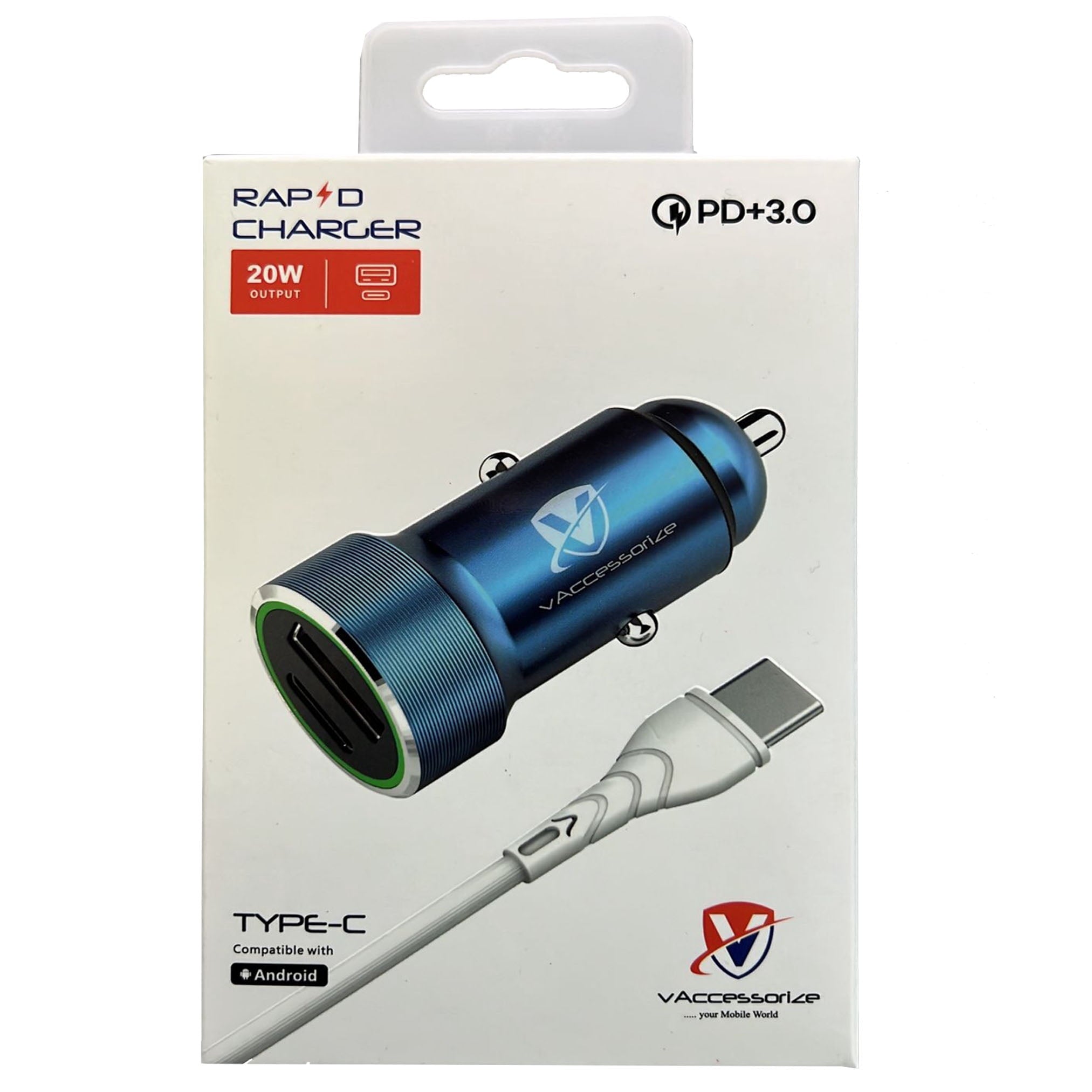 Vaccessorize USB A and USB C Dual Car Charger with Fast Charging Type C Cable (1 Pack)