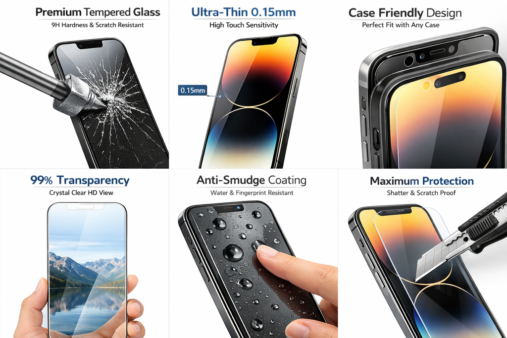 Tempered Glass Screen Protector for All iPhone 17 16 15 14 13 12 11 Pro Max Clear