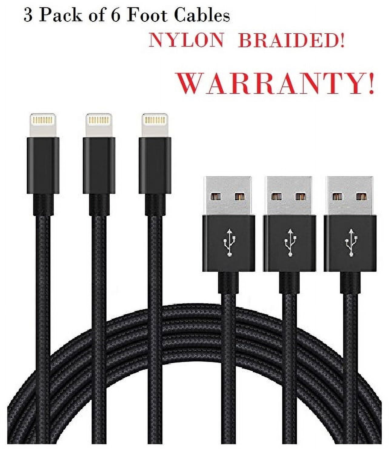 (3 Pack) 6 foot lightning charging cable for Iphone and Ipad devices - BLACK